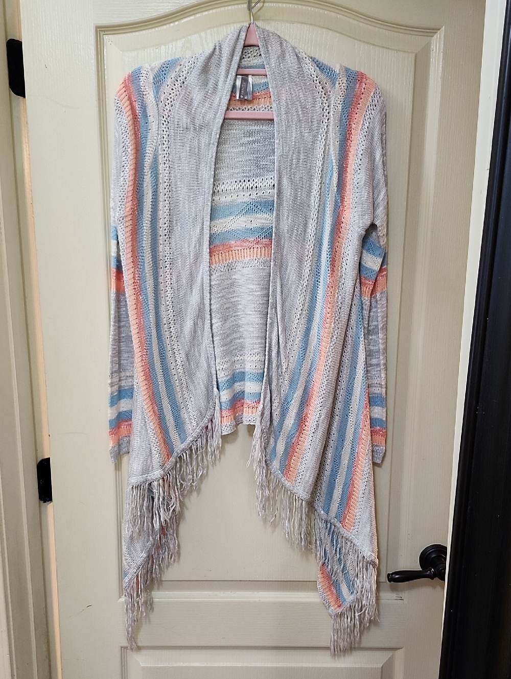 VANITY OPEN-FRONT FRINGE CARDIGAN WITH PASTEL STRIPES